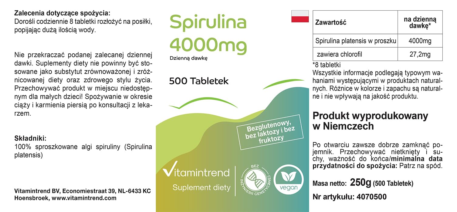 Vitamintrend Spirulina 4000 mg per dose giornaliera, 500 compresse, 100% Spirulina platensis, integratore alimentare vegano senza magnesio stearato, prodotto in Germania