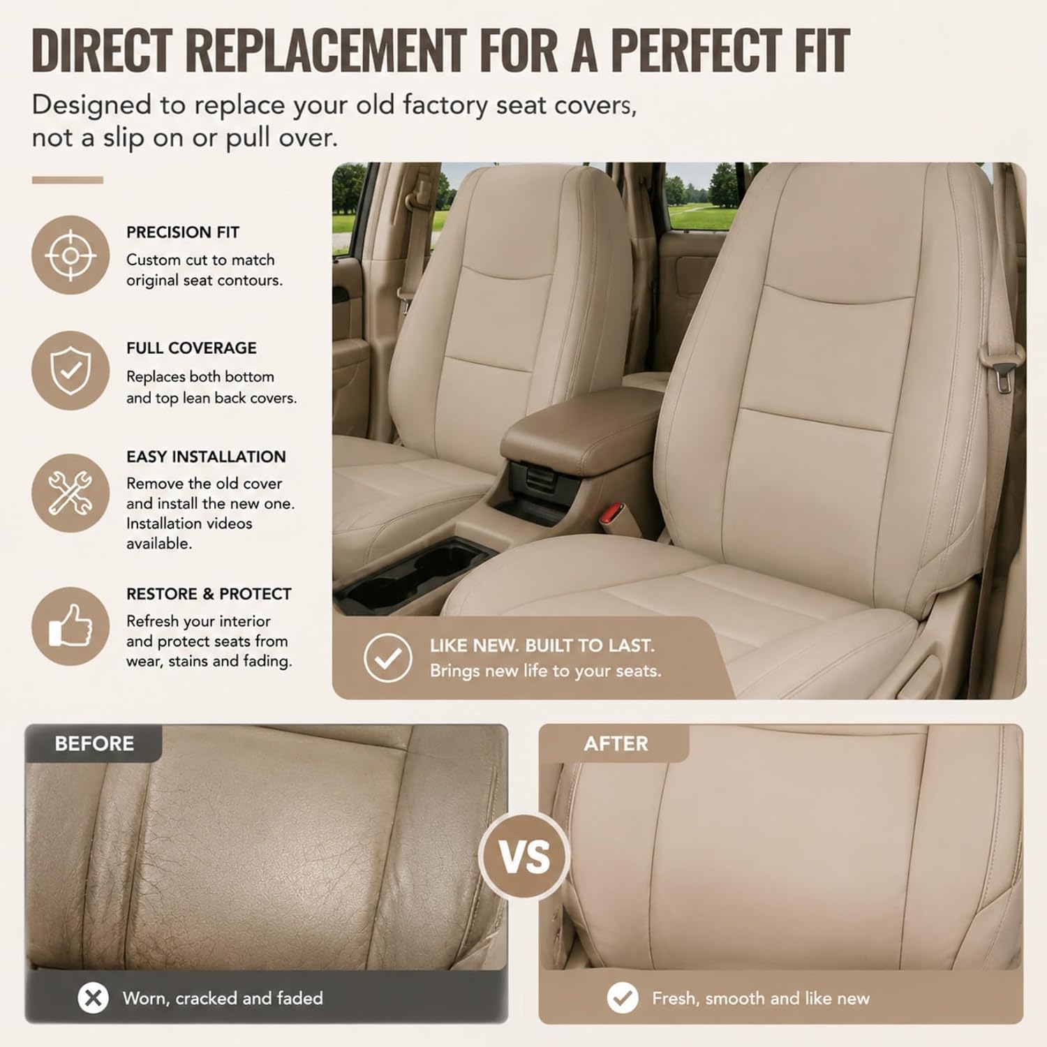 NLQR Light Tan Driver and Passenger Side Bottom & Top Lean Back Replacement Leather Seat Covers Compatible with Lexus GX470 2003 2004 2005 2006 2007 2008 2009