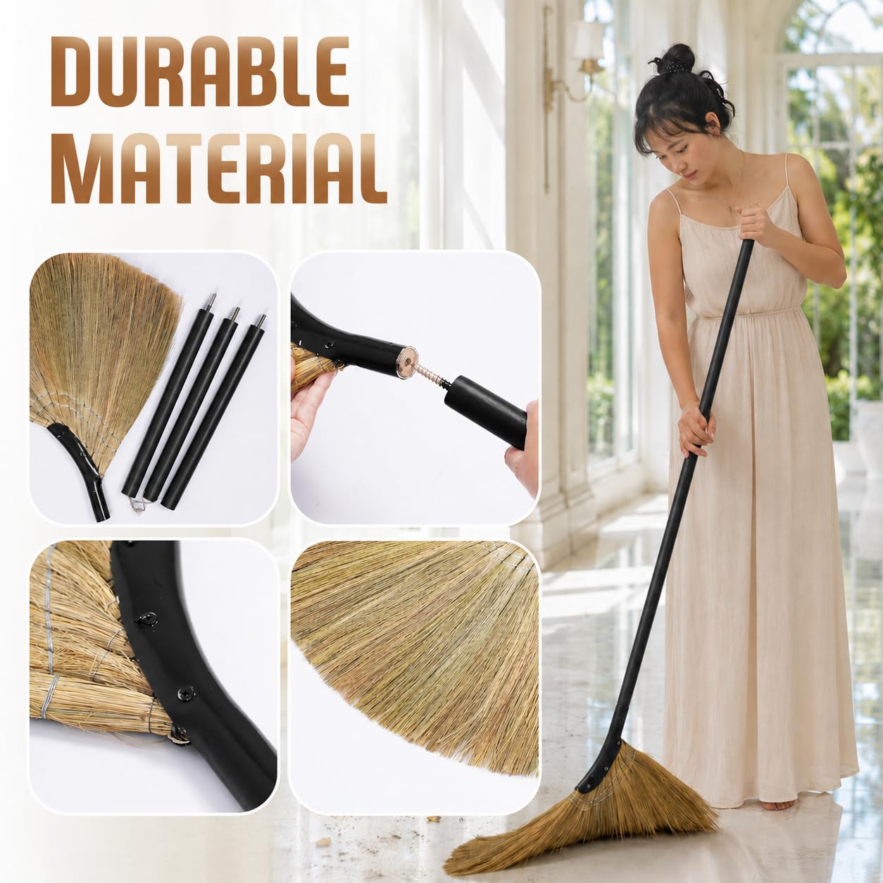 Vietnamesischer Strohbesen – Indoor-Grasbesen – Kehrhand mit schwarzem langem Griff, Besen für Haus, Garage, Büro, Lobbyraum, Küche mit 144 cm Länge
