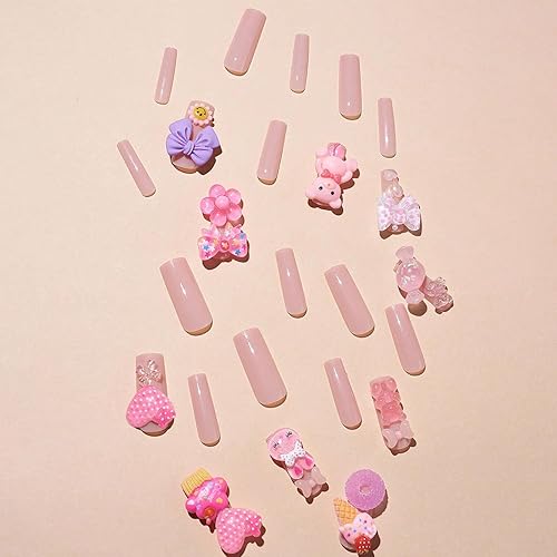 Miniatura 5 de Uñas postizas a presión de color rosa, cuadradas, largas, de cobertura completa, 5D, con diseño de oso de corazón, con diseños brillantes, uñas