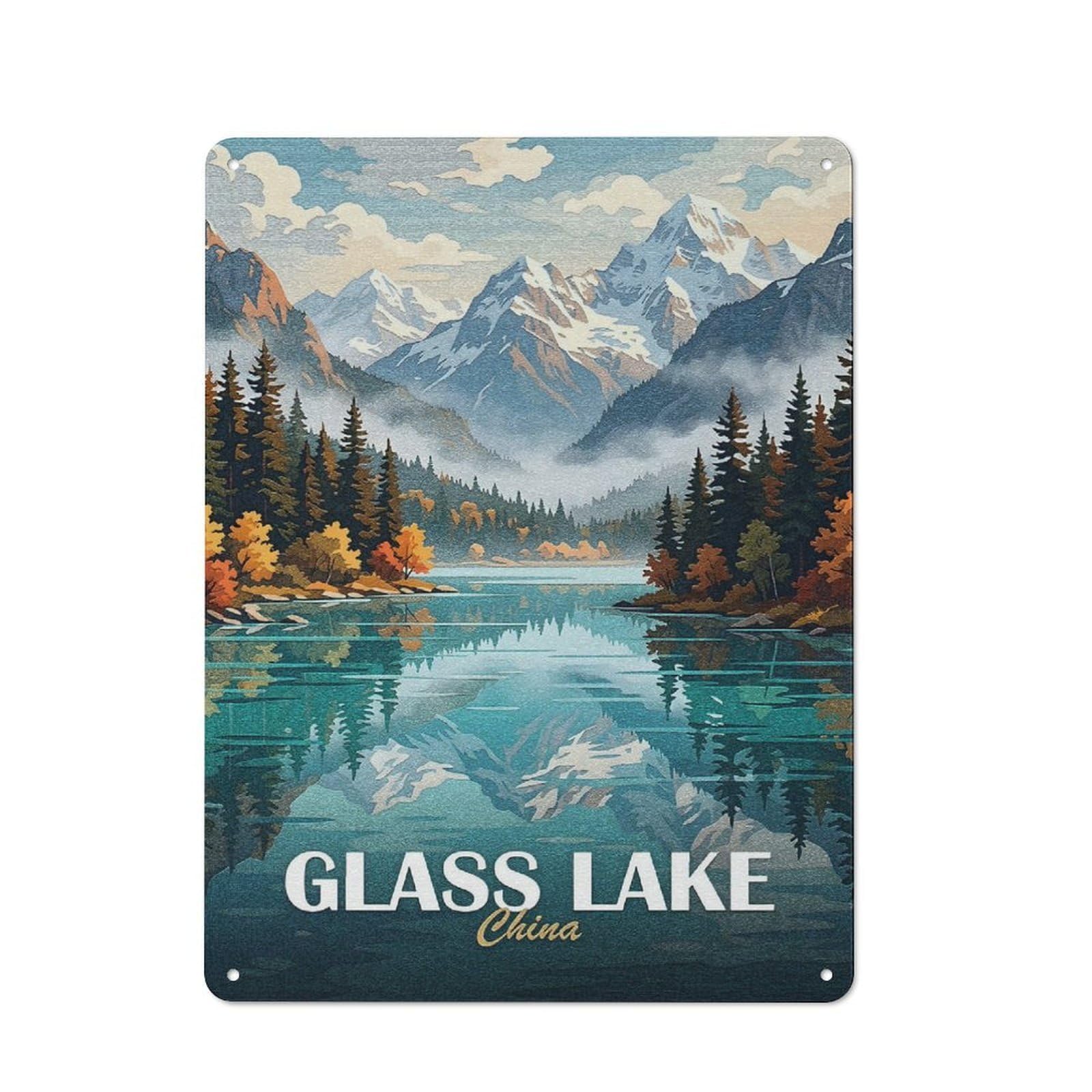 Junmoney Style Glass Lake China Landscape Warehouse Metal Wall Decor 40X30cm, Metal Wall Sign For Workspace, Cafe, Hallway Or Garage