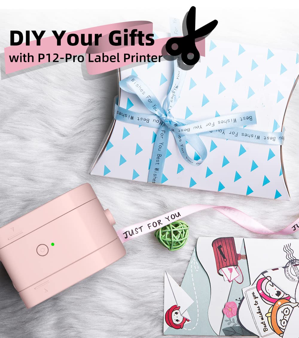 Phomemo P12 Etikettendrucker Set mit 5 Rollen Satinband - Bluetooth Beschriftungsgerät & 12mm Geschenkband (Schwarz/Blau/Rosa/Weiß), Tragbarer Label Printer für Geschenke, Hochzeit, Deko & Haushalt