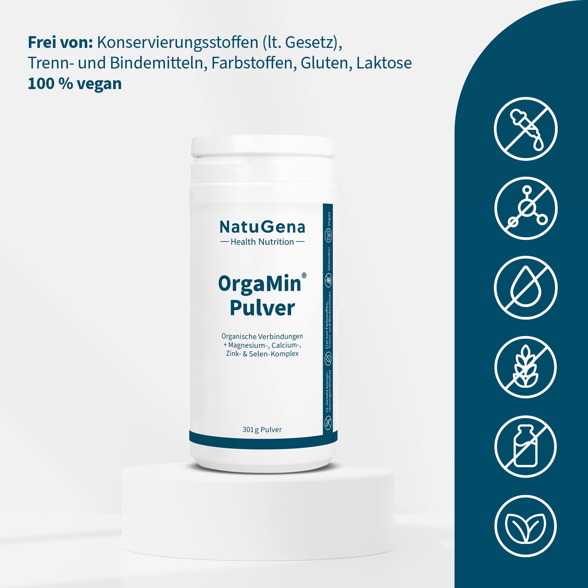 NatuGena OrgaMin Pulver, Säure-Basen-Haushalt, 14 verschiedenen Mineralstoffen an organischen Verbindungen, hoher Magnesiumanteil - 3 verschiedene Verbindungen, 301 g Pulver (31 Tage Packung)