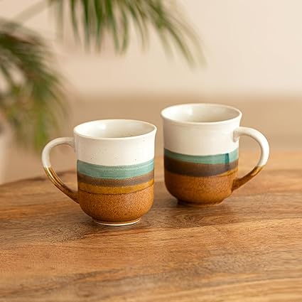 ExclusiveLane 'Zen Garden' Ceramic Coffee Mugs Ceramic Tea Cups (Set of 2, 330 ML, Microwave Safe, Dishwasher Safe)| Hand Crafted Tea Mugs Ceramic Mugs for Coffee Milk Mugs Coffee Cups Drinkware