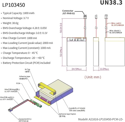 Miniatura 2 de EEMB Batería de polímero de litio 3.7V 1800mAh 103450 Lipo Batería recargable con 2 cables JST 0.079 in Conector para altavoz y dispositivo