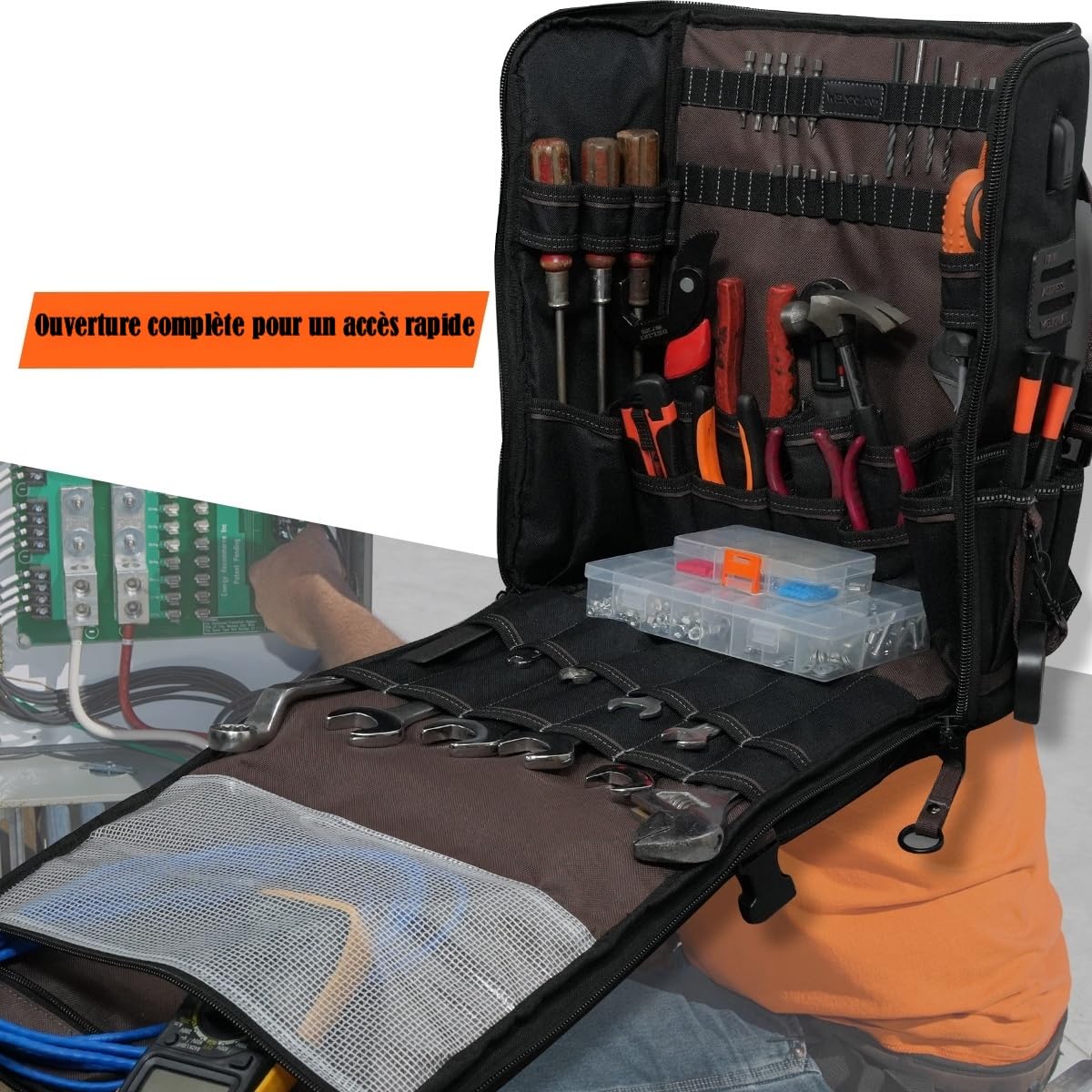WELKINLAND Sac à dos d'électricien à 46 poches, sacs à dos à outils entièrement ouverts, sac à dos à outils robuste, sacs à dos imperméables en toile cirée, sac à outils CVC, sac à outils de