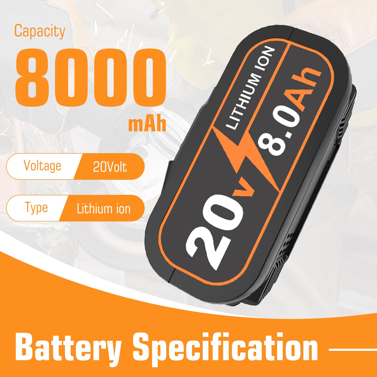 2X 8.0Ah Ersatz für Worx 20V Akku WA3551 WA3553 WA3553.2 WA3557 WA3572 WA3641 WA3760 WA3881 WX166.4 WX176 WX372.1 WX390WG629E