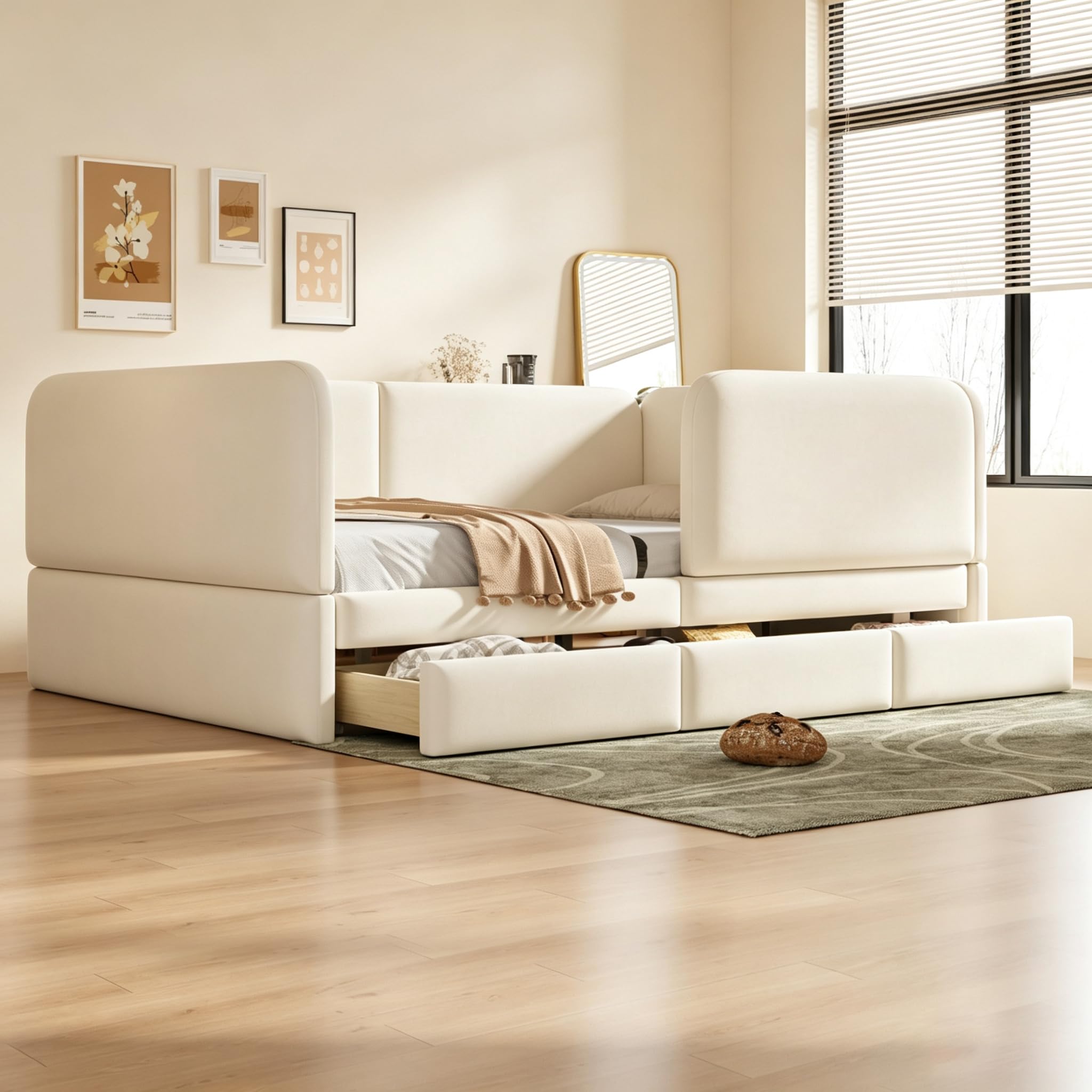Letto Imbottito 140x200 con Bordo Interamente Imbottito Letto Matrimoniale con Cassetti Integrati Struttura Matrimoniale con Angoli Arrotondati con Telaio Basso Abitazione Beige
