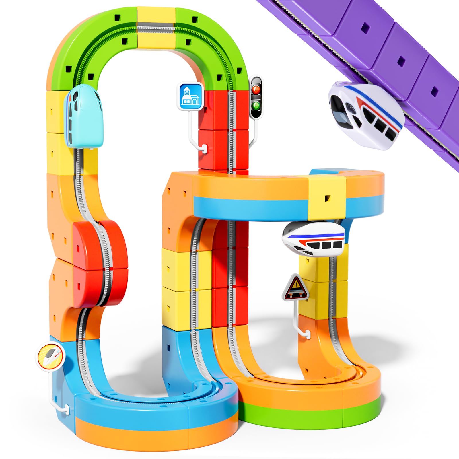 KlickRail Electric Train Set Flexible Race Track for Kids 4 6 7 8, 48 Pcs Car Track for Toddlers 3-5, Building Toy Train Track Gravity-Defying 3D Embedded Layouts & Motorized Car, STEM Learning Gift