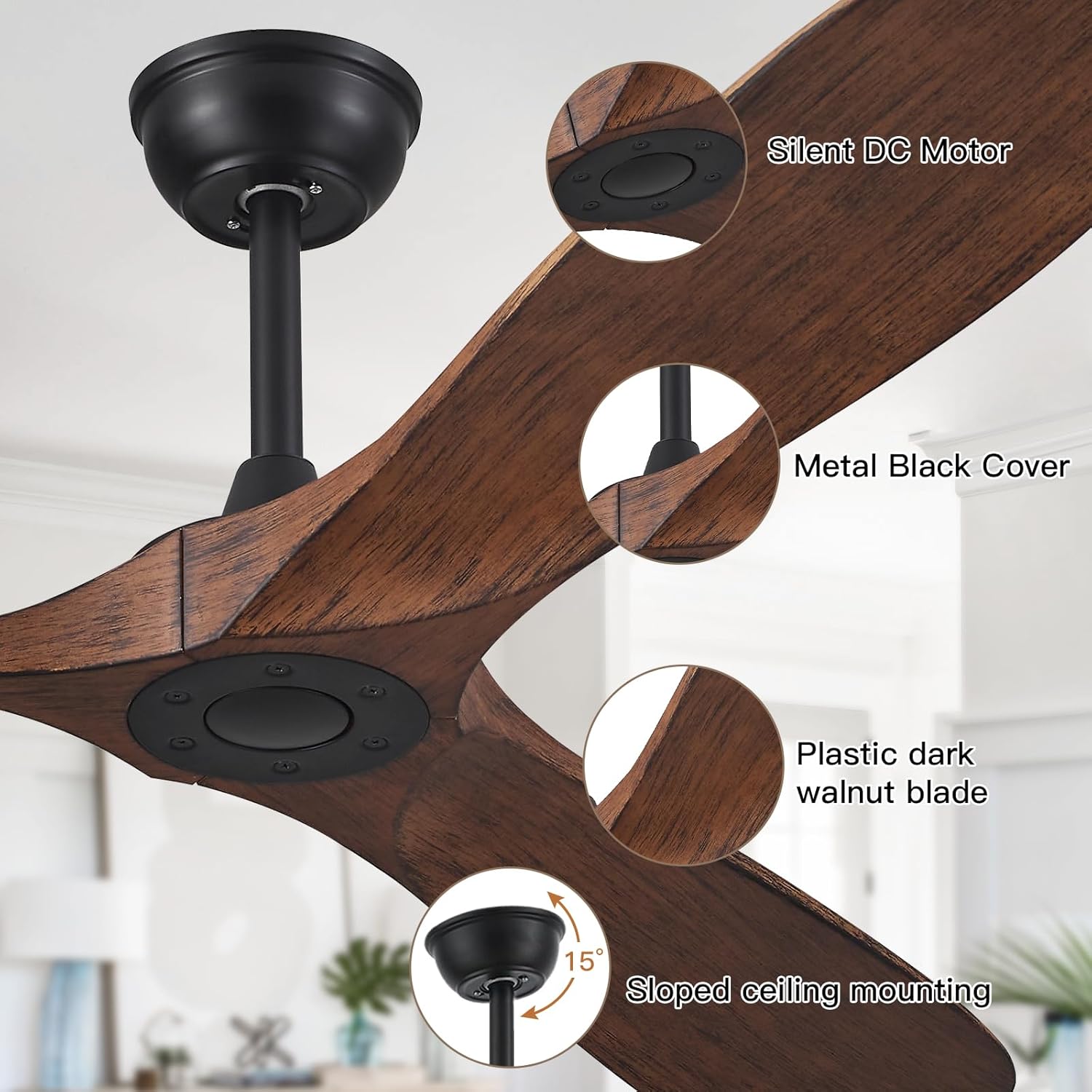 52‘’ Outdoor Ceiling Fan No Light,Ceiling Fan with Remote Control,3 Plastic Dark Walnut Blades,DC Reversible Quiet Motor for Patio,Living Room, Bedroom