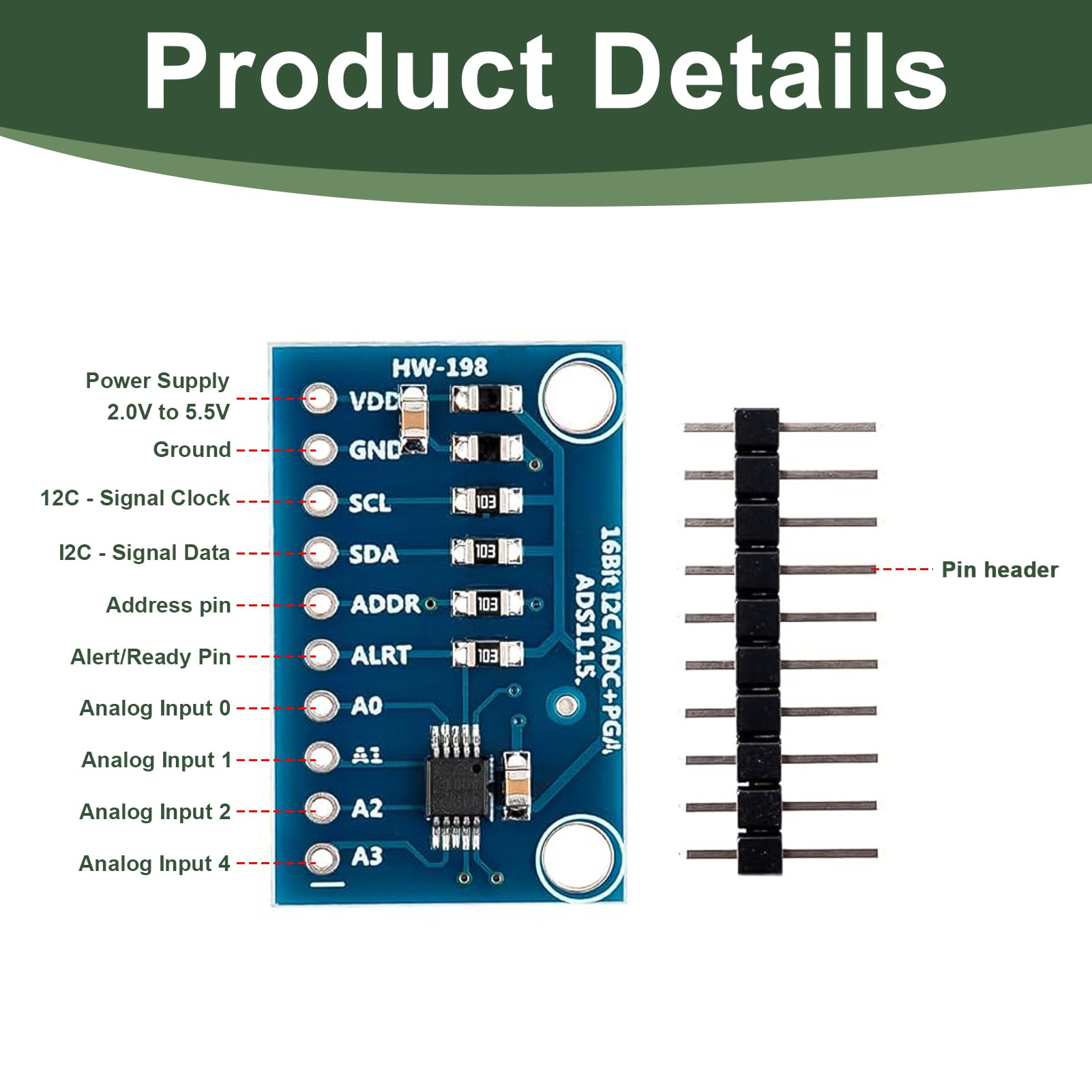 3 Pezzi Modulo ADC ADS1115 16 Bit a 4 Canali, Modulo ADS1115 per Raspberry Pi, Microcontrollori, Risoluzione 16 Bit, Interfaccia I2C, Conversione Analogica Digitale, 2,0V a 5,5V