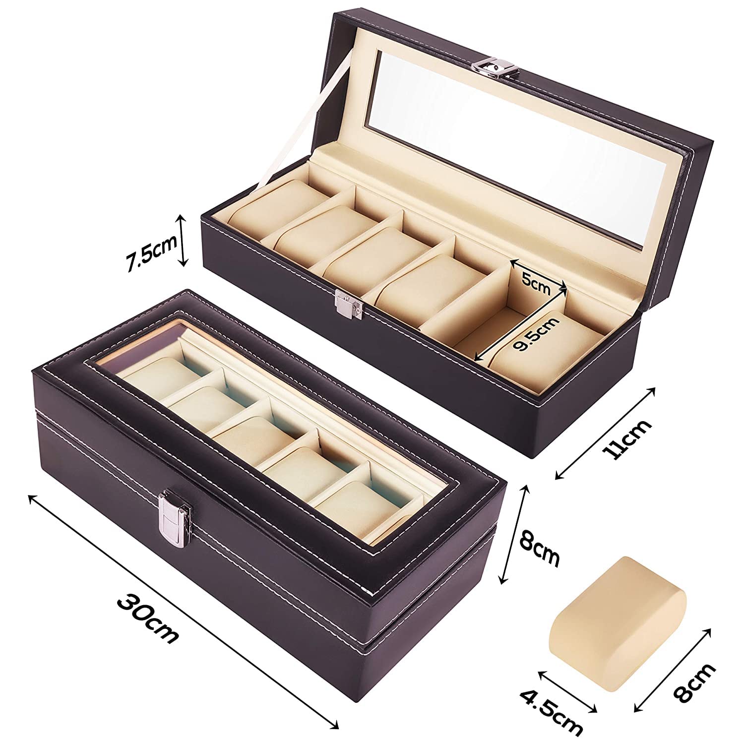 ABOUT SPACE Watch Box - PU Leather Watch Organizer for Men & Jewellery Box for Women with Press Lock & Key, 8 Removable Watch Slots, 8 Ring Slots & Compartment with Lid (Black - L 30 x B 20 x H 20 cm) 1