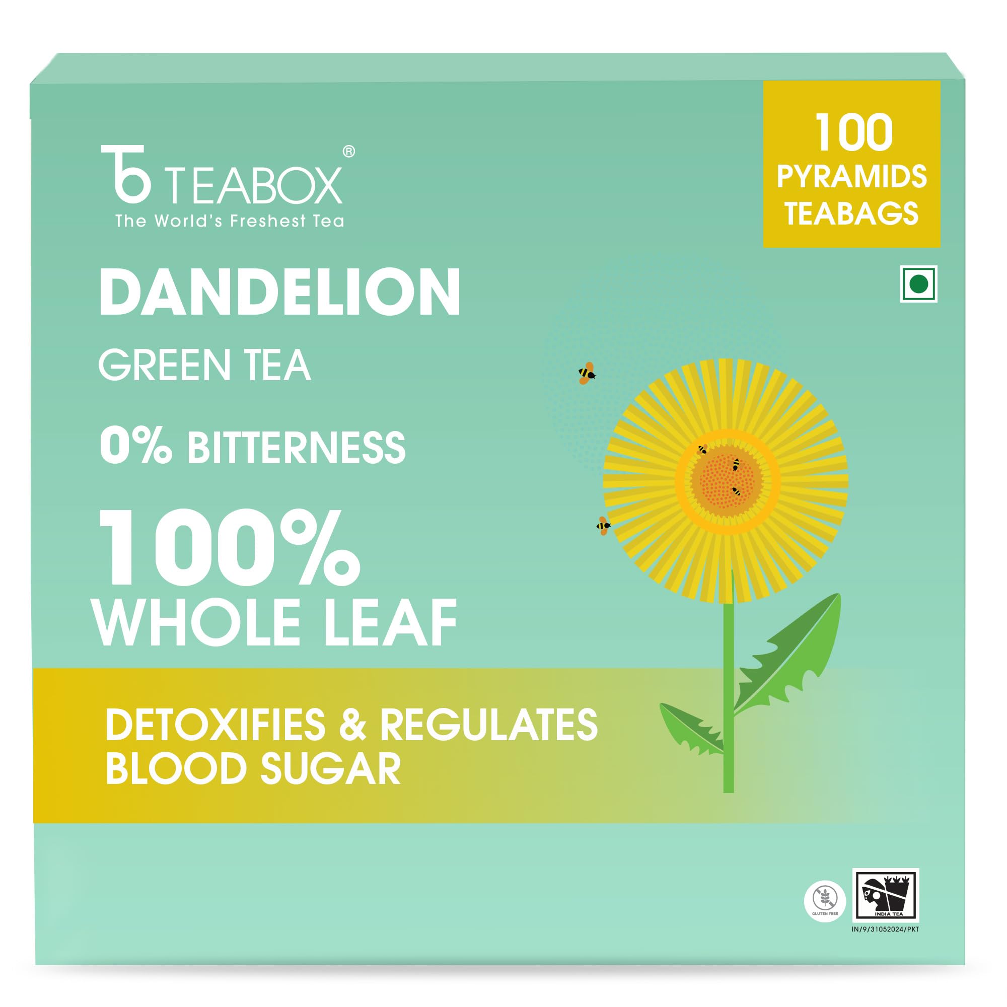 Teabox Premium Organic Green Tea With Dandelion Roots | 100% Whole Leaf Green Tea Leaves | 0% Bitterness | USDA ORGANIC | 100 Tea Bags