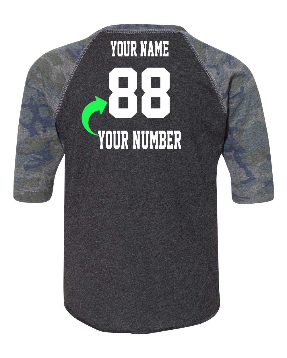 Customized Toddler Baseball Raglan Tee Personalized with Name and Team Number (Vintage Camo, 3T)
