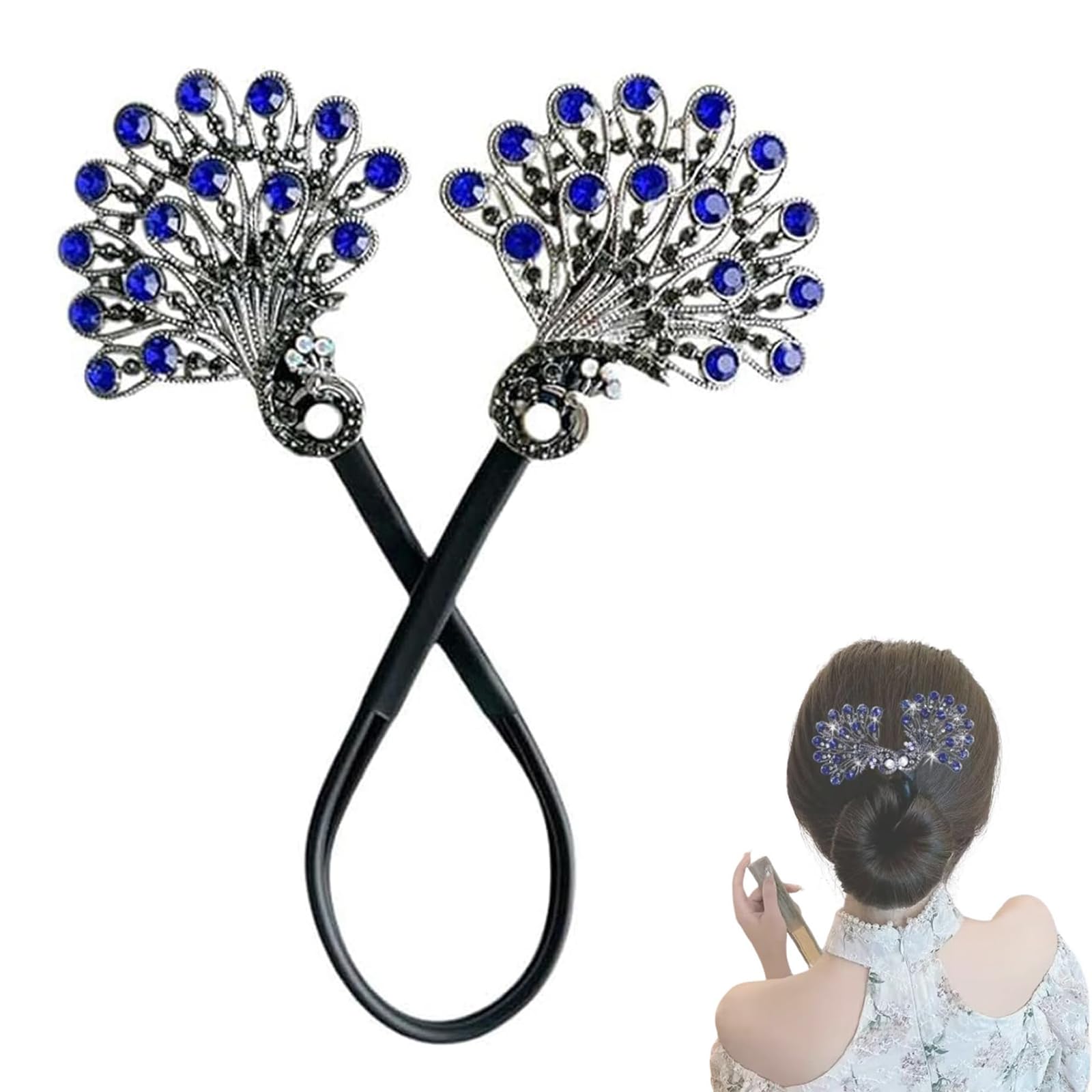 Peacock Shape Hair Bun Maker Twist, Shining Rhinestone Deft Bun Maker, Elegant Hairstyle Twist Lazy Hair Curler Bun Maker, Easy Fast Snap Roll Hair Tool, Hair Accessories for Women Girls (Blue)