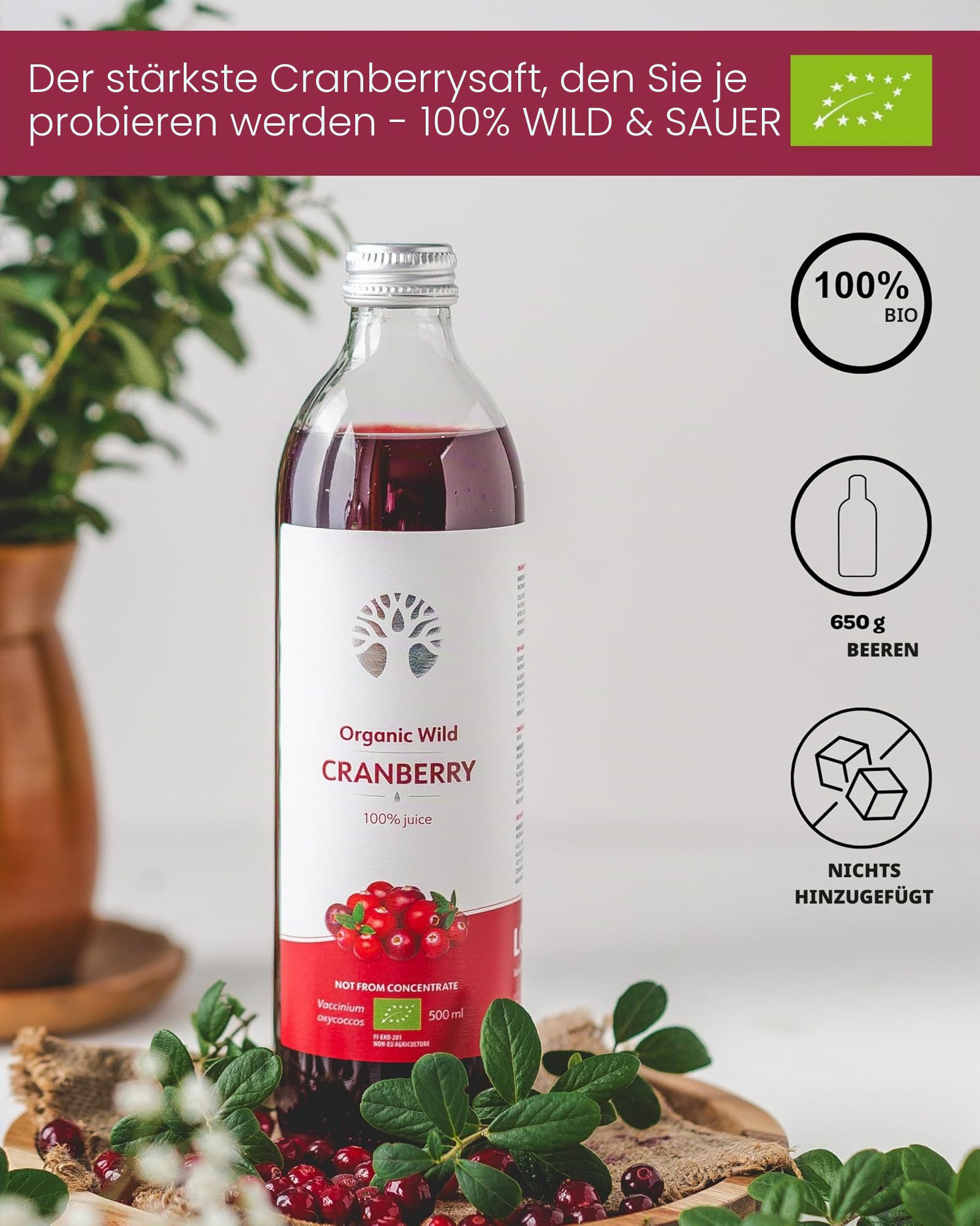 LOOV Bio Wildcranberry-Saft, 100% Direktsaft aus frischen Bio-Cranberries, Muttersaft, ohne Zuckerzusatz, ohne Wasserzusatz, wild gewachsen, in Glasflaschen, 6x500 ml