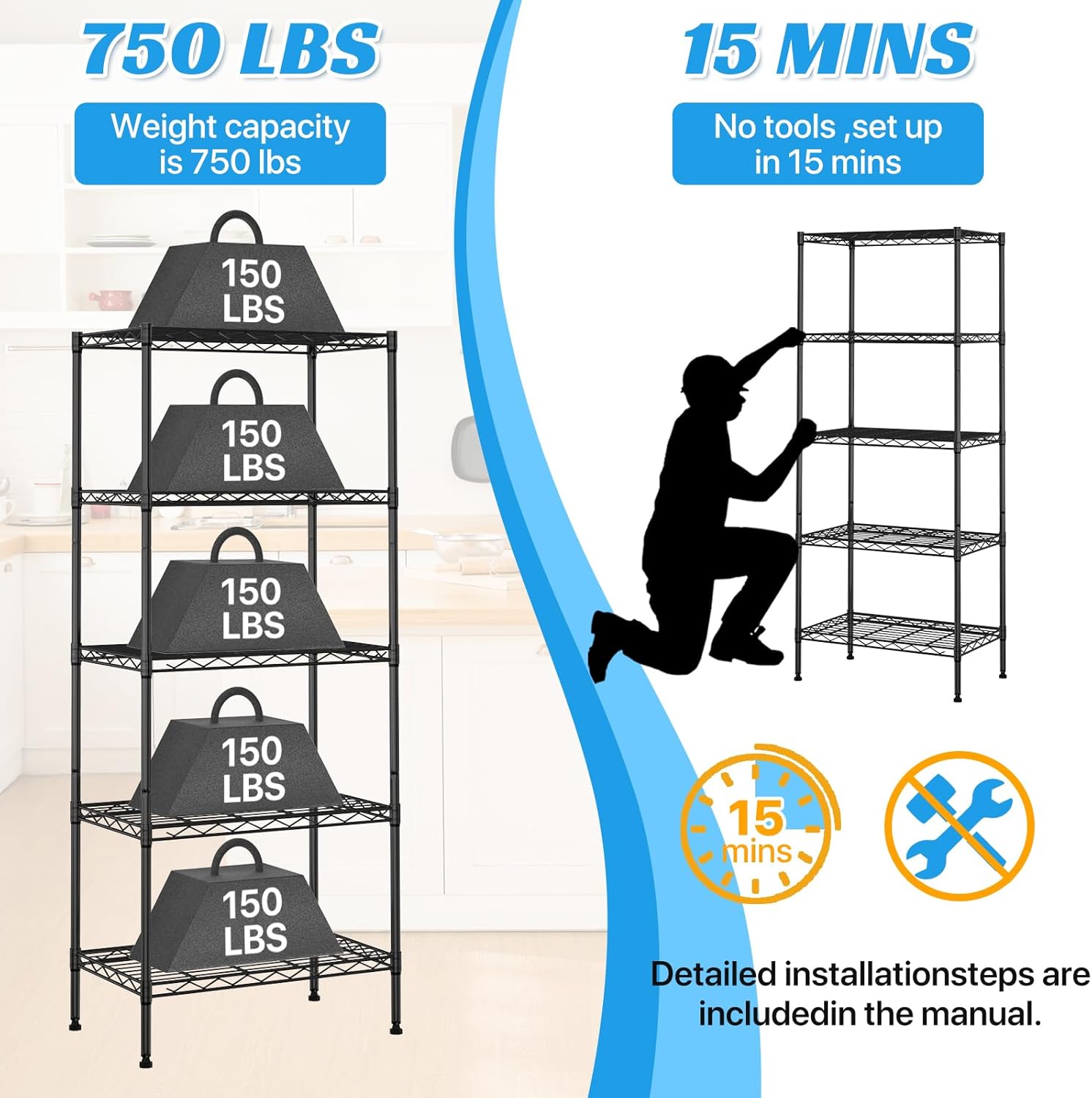 5-Tier Shelving Unit, Metal Storage Shelf for Garage/Closet, Heavy Duty Industrial Rack, Adjustable Leveling Feet, 750 lbs Capacity, 24" W x 14" D x 60" H, Black