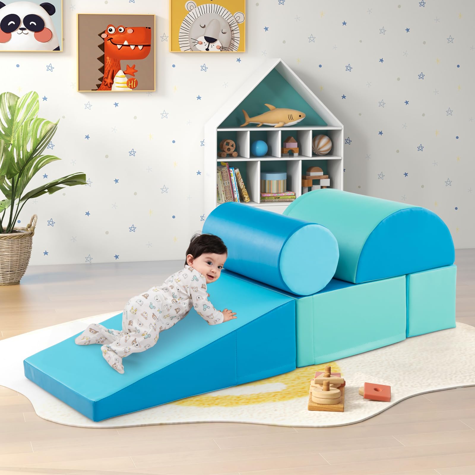 LIFEZEAL Set di 5 Blocchi Morbidi in Schiuma per Bambini 9-36 Mesi, Costruzioni, Libera Combinazione, Mattoni Cubi Componibile, Giocattolo Attività, con Scivolo, Arrampicata, Multicolore