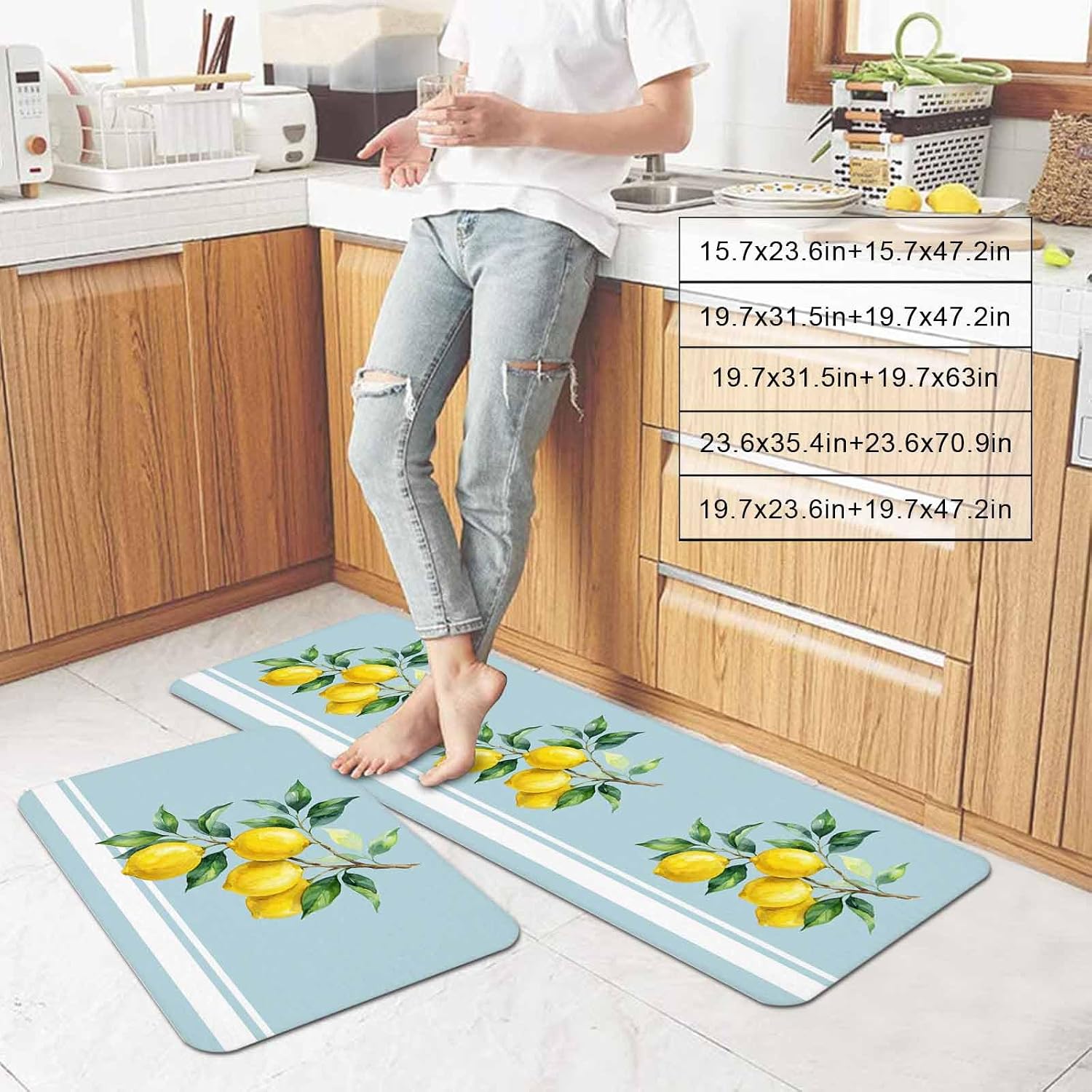 Summer Fruit Kitchen Mats Set of 2 Watercolor Yellow Lemon Green Leaves Blue Non Slip Mat Washable Floor Rug for Kitchen Sink Floor Laundry, 15.7"x23.6"+15.7"x47.2"