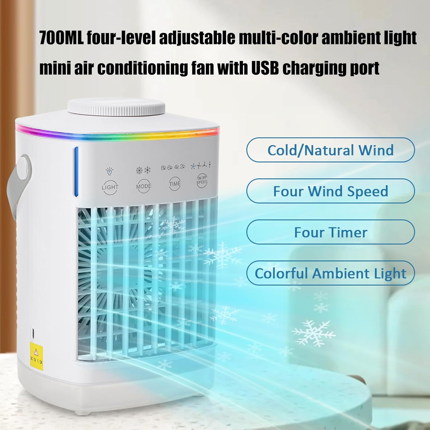 USB Powered Air Coolers With 700ML Large Tanks 4 Winds Speeds Colorful Night Light Desktop Cooling Fan For Home Office Low Noise Fan For Night Use