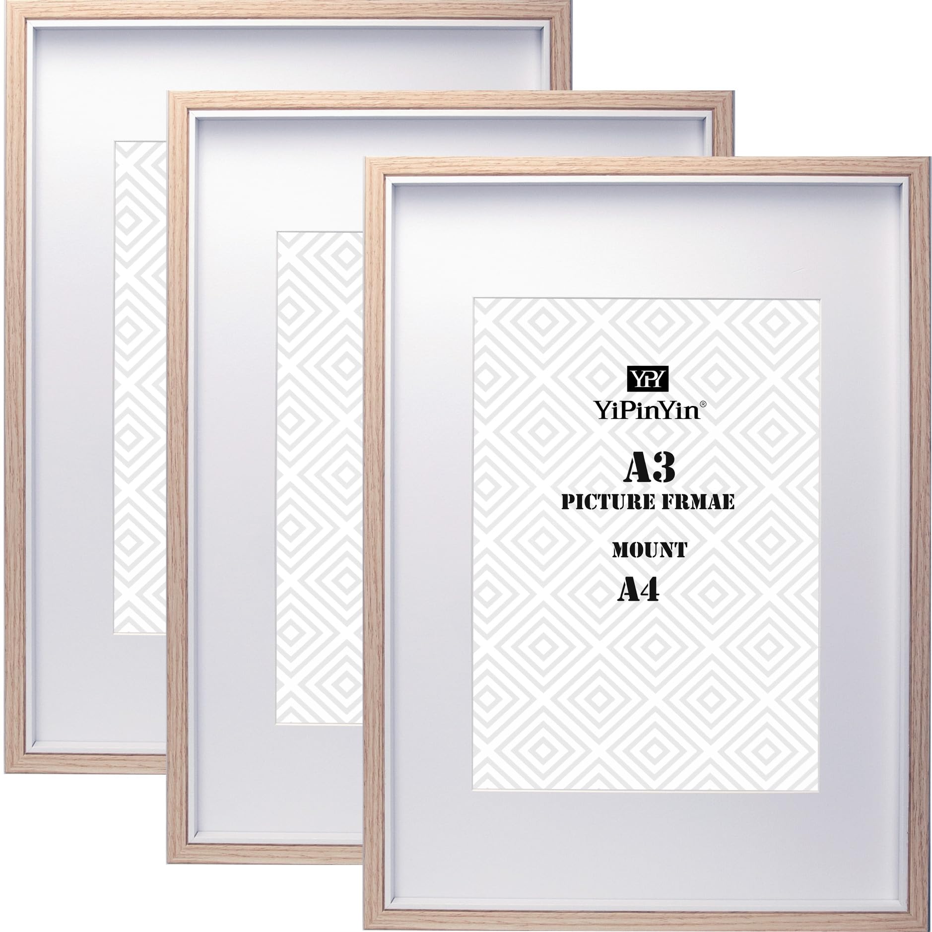 A3 Wooden & White Two Tone Picture Frames Set of 3 with Mounts for A4 Photo,A4 Boxed Photo Frames for 3pack,A3 Wooden Poster Frame with Mount for Picture Frames