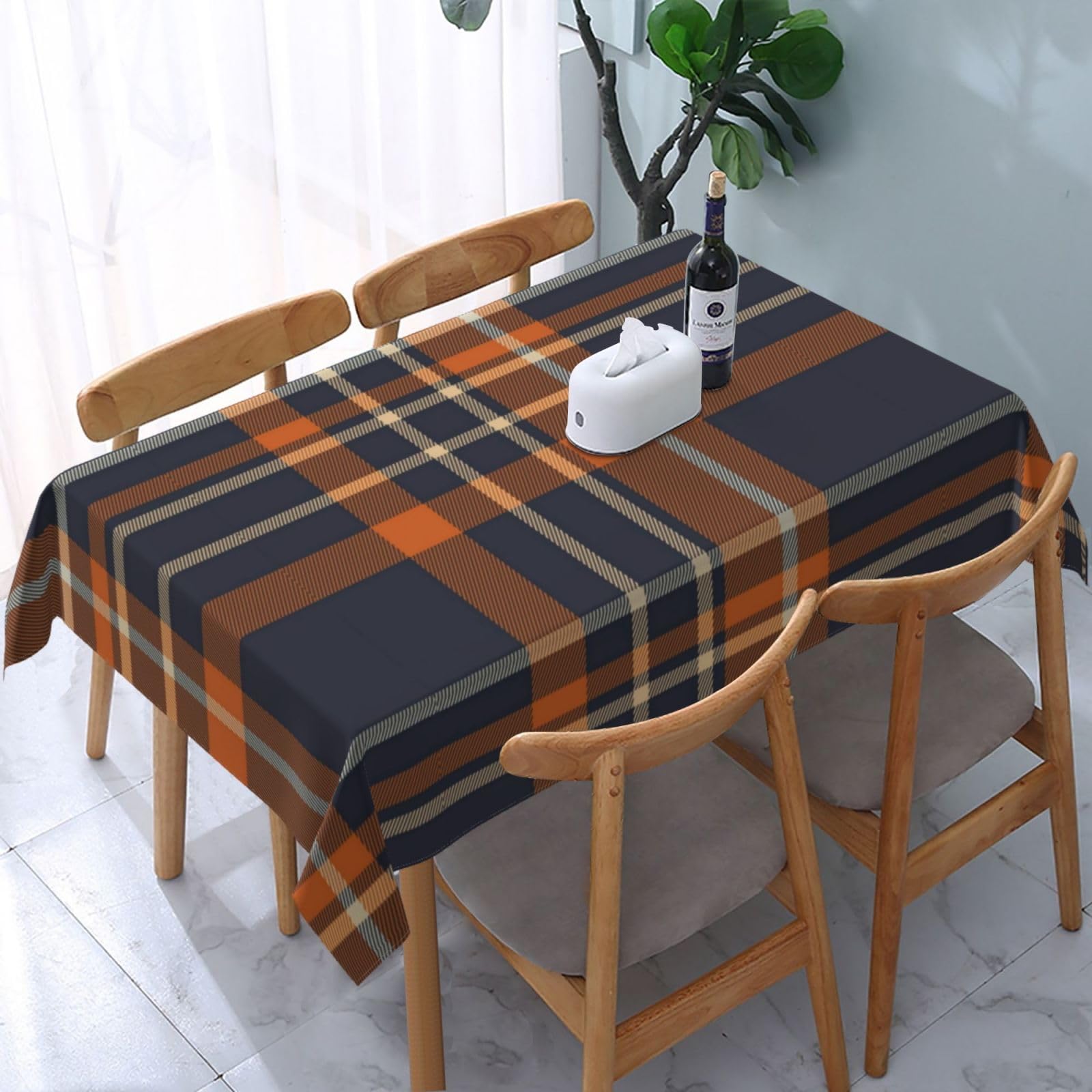 FWJZDSP Tablecloth Rectangle Navy Blue and Orange Plaid Polyester Fabric Table Cloth, Water Resistant & Wrinkle Free Table Cover for Kitchen and Dining Room Tabletop 54"x72" (4-6 Seats)