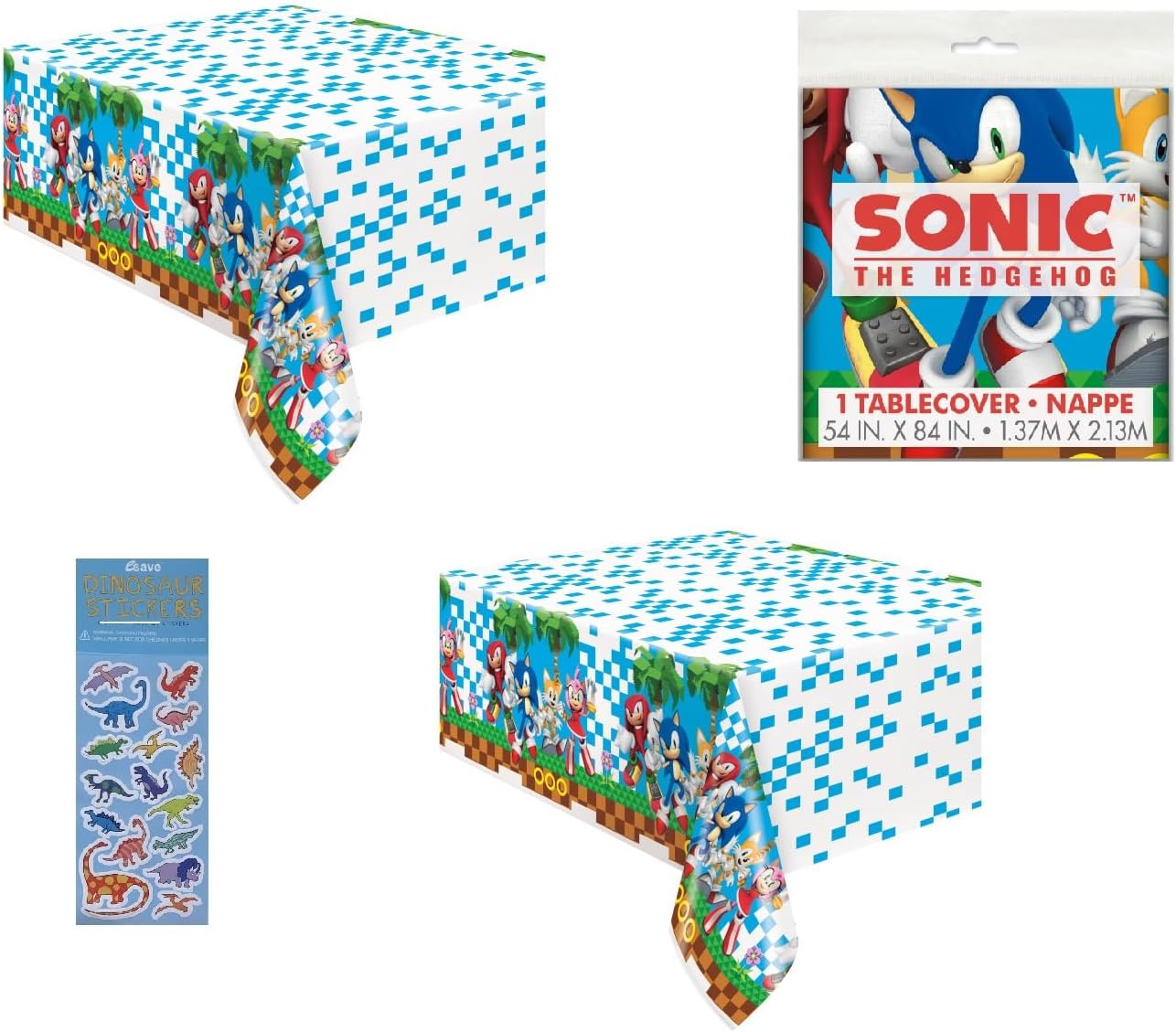 Unique Sonic Birthday Party Supplies Bundle Includes 2 Plastic Table Covers 54" x 84" and 1 Dinosaur Sticker Sheet