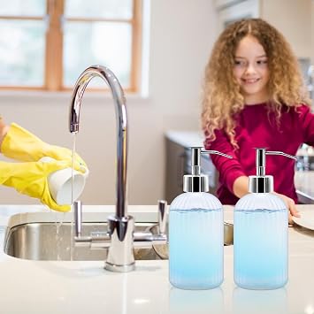 2 Pack Glass Soap Dispenser Bottle with Pump, 14 Oz Refillable Liquid Hand Jar Dispenser for Bathroom, Countertop, Kitchen, Laundry Room (Frosted)