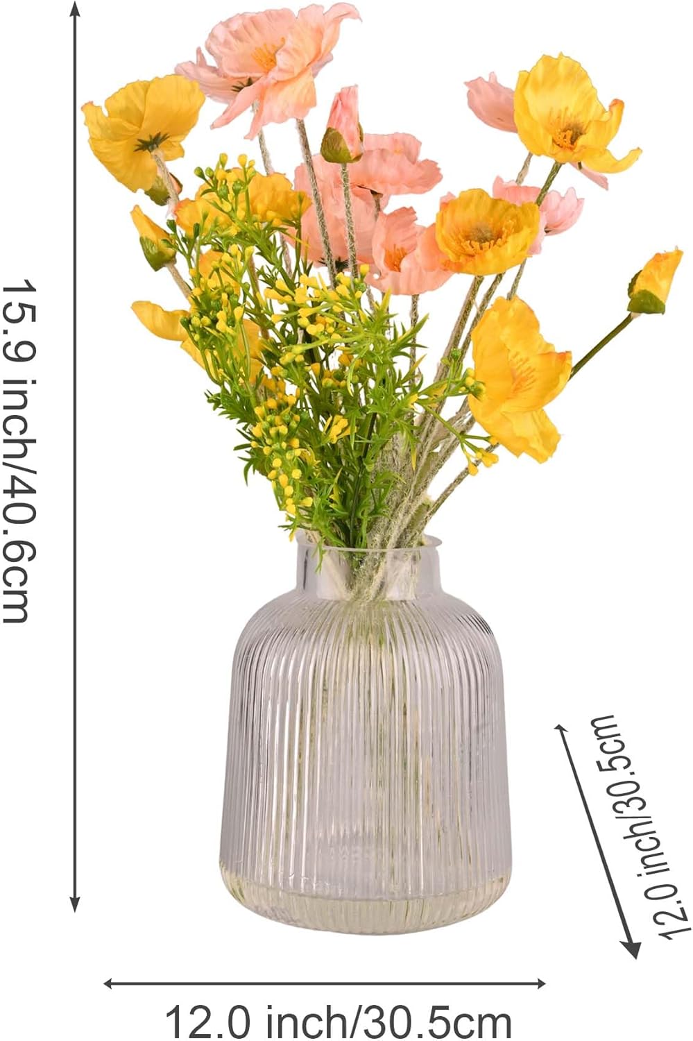 20pcs Artificial Poppy Flowers - Fake Flowers in Vase Silk Decor. Artificial Flowers All-in-One with Clear Glass Vase for Home, Office, Living Room & Table Decor