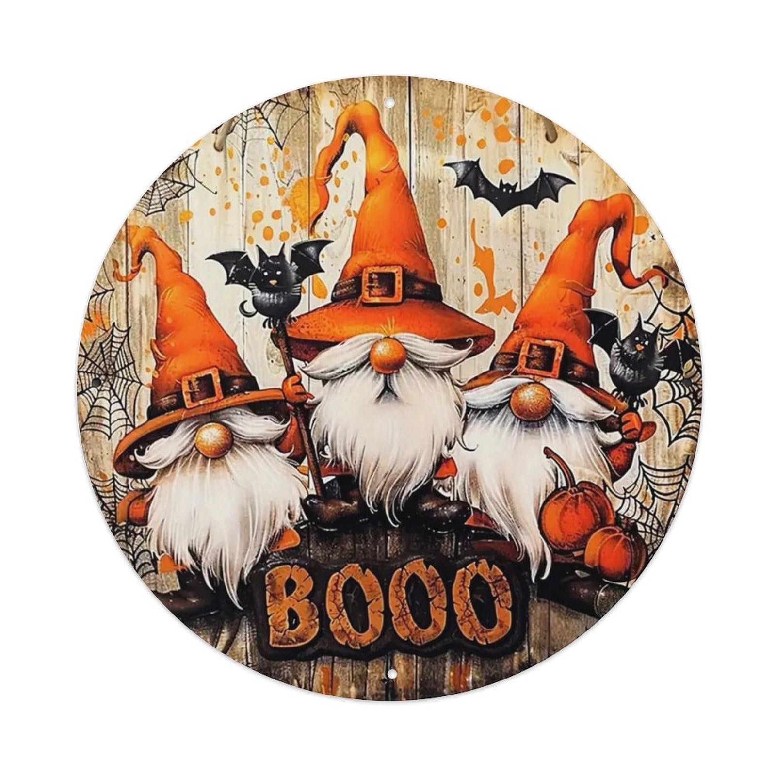 Halloween Gnomes Bats Pumpkins Spiders Round Metal Tin Sign Vintage Wall Decor, Bar Garage Cafe Kitchen Home Wall Art Poster 8x8inches