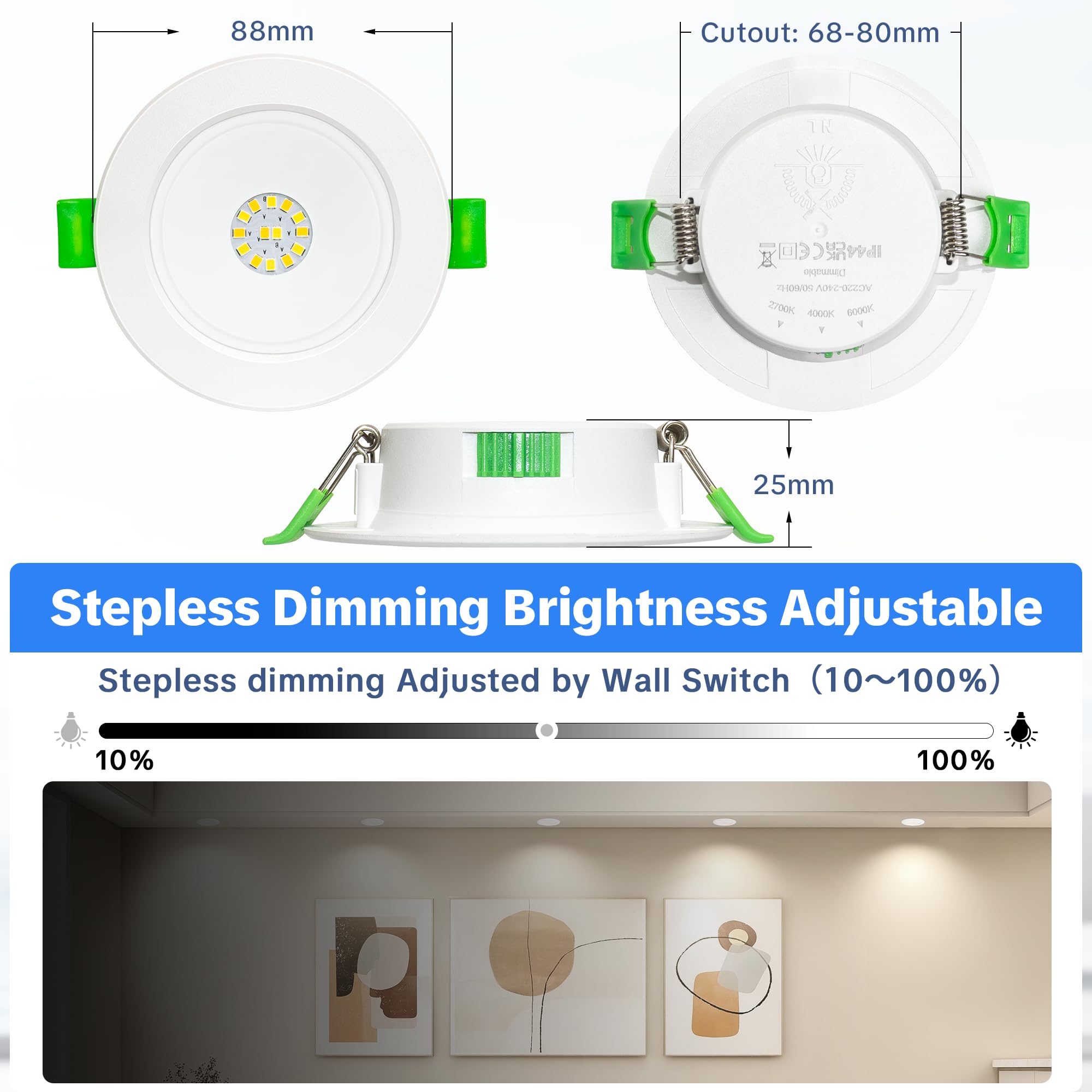 LED Einbaustrahler 230V Dimmbar 6er Set, 5W Ultra Flach Spots Deckenleuchte, LED Spot 230V 3CCT mit IP44 Wasserdicht für Badezimmer Küche Wohnzimmer, Ø68-75mm Lochmaß, Weiß