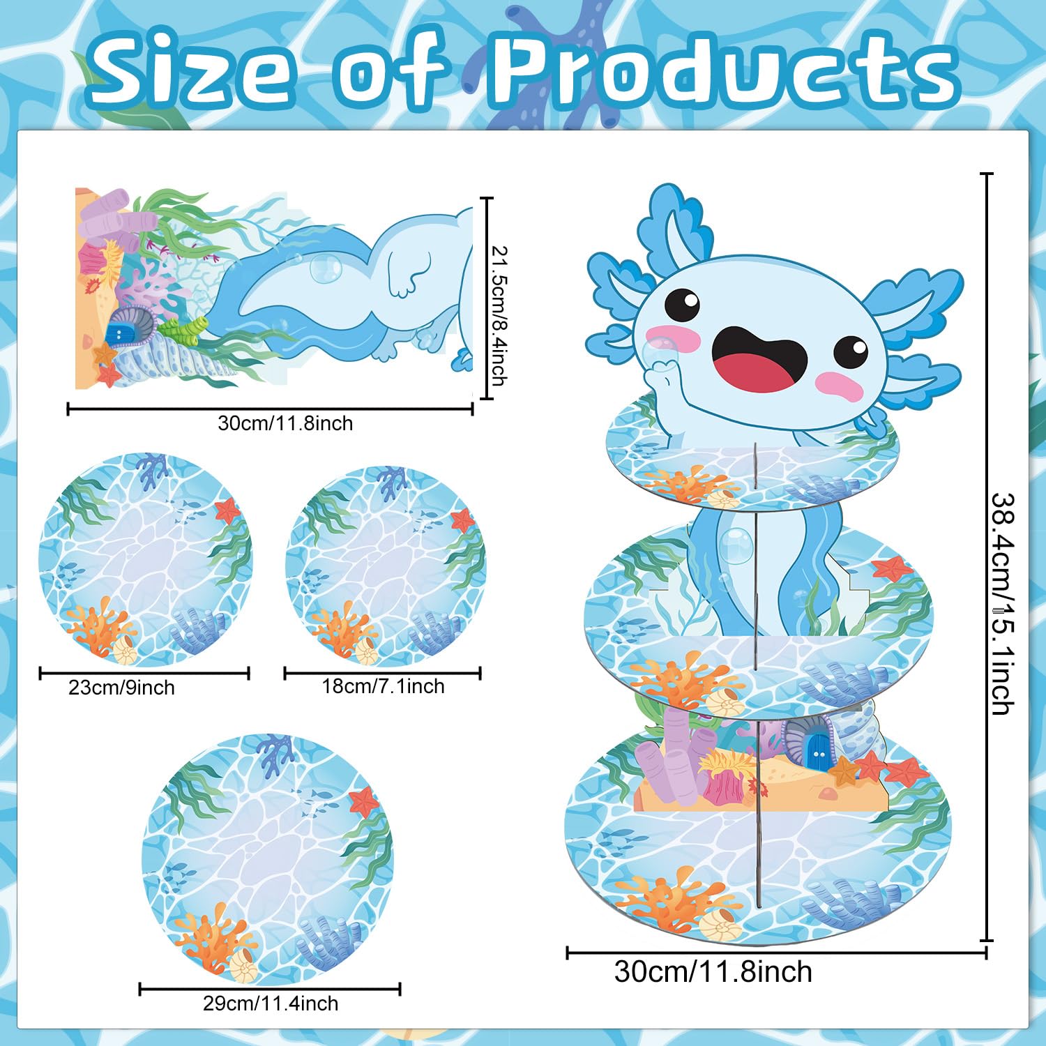 Keluna Axolotl Birthday Party Decorations - 3 Tier Blue Axolotl Cupcake Stand Treats Display, Favors Cake Dessert Holder for Baby Shower Table Decorations