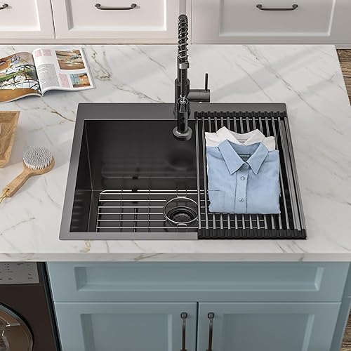 Miniatura 11 de Fregadero de lavandería de 25 x 22 pulgadas, montaje superior, acero inoxidable T304, calibre 16, 12 pulgadas de profundidad, fregadero individual