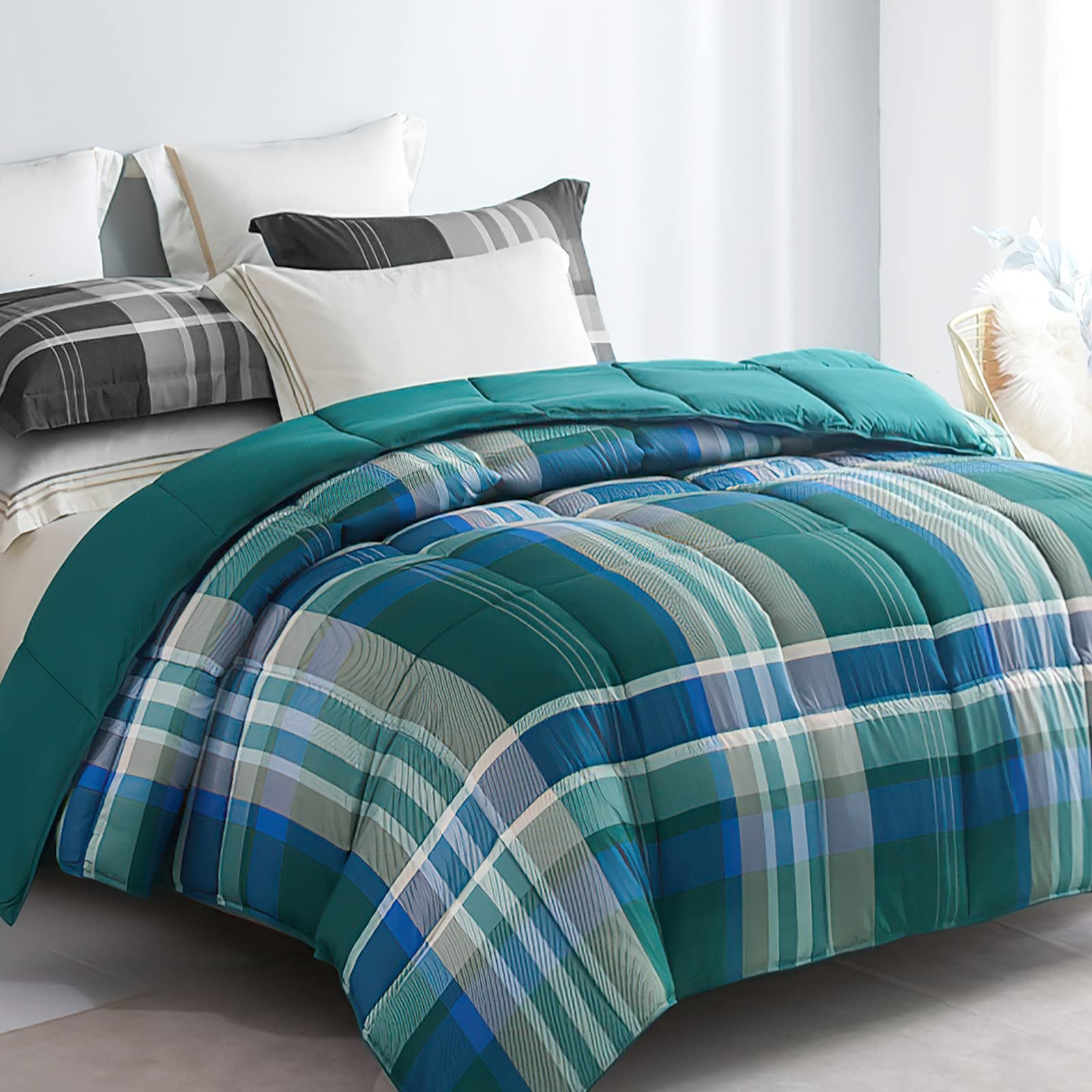 HOS LINENS King Size Comforter Green Plaid Down Alternative Quilted Lightweight Plaid Fluffy Comforter Bedding Reversible Green Tartan Comforter,Green Plaid,King