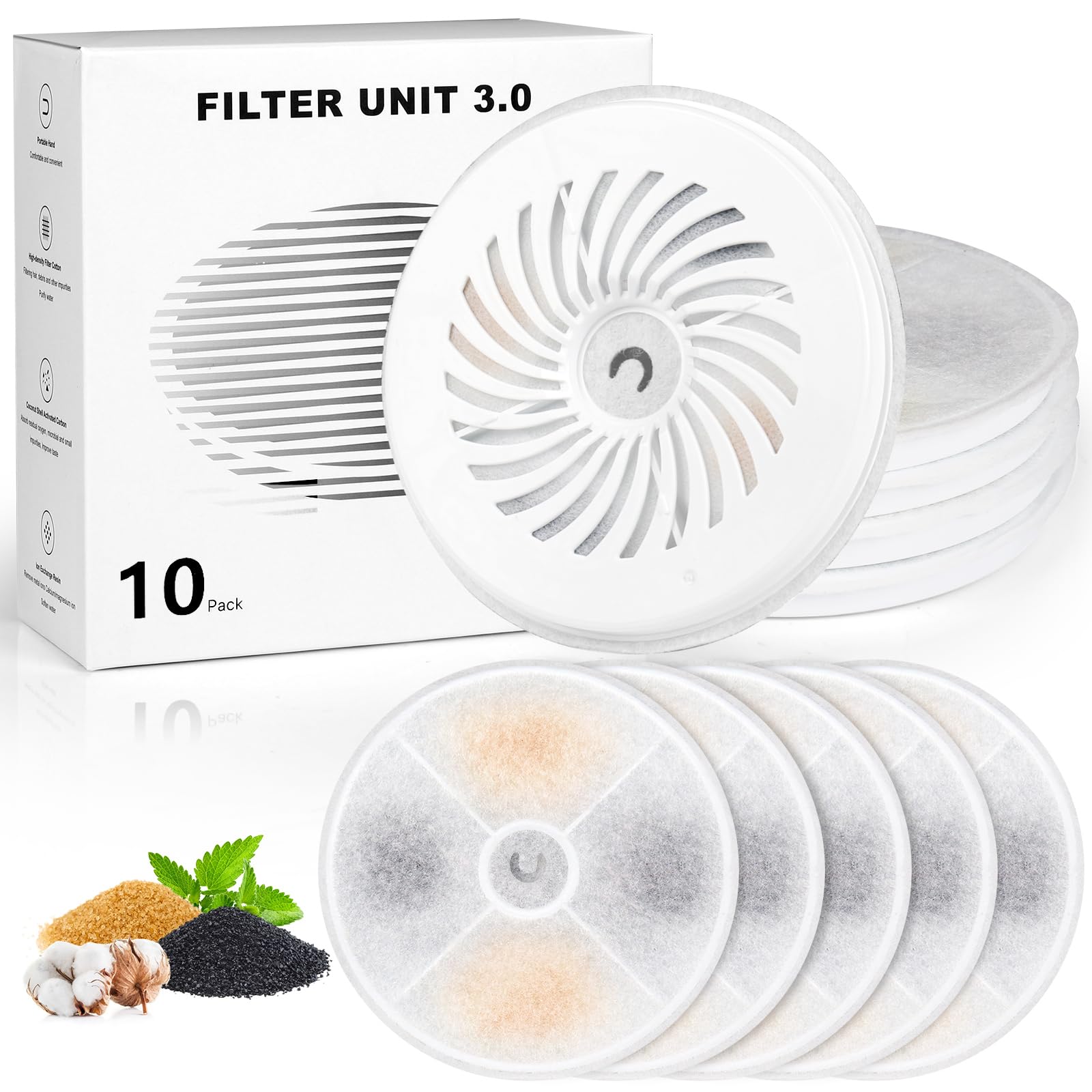 Filtro Fuente para Gatos, Diealles Shine 10 Piezas Filtro Bebedero Gatos Fuente, Gatos Fuentes 2.0 Y 3.0 Triple Filtración, Filtros De Repuesto Para1,8l/3l Gatos Fuentes