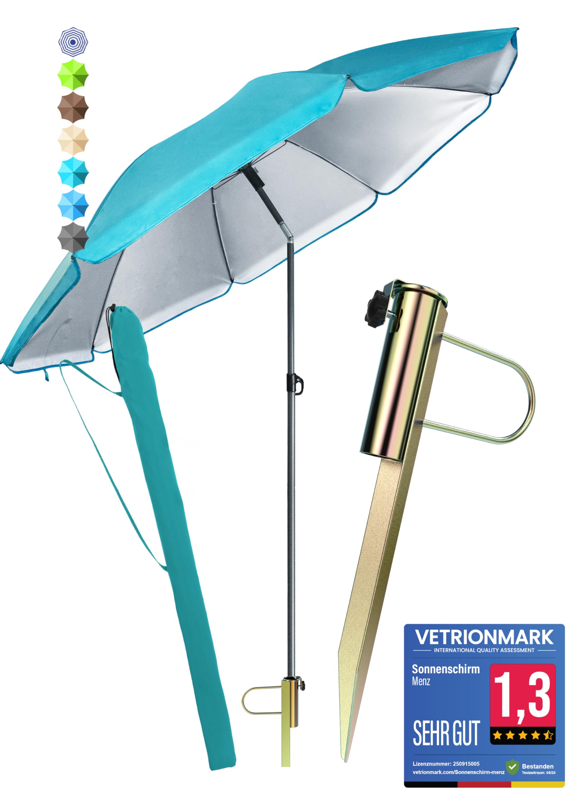Menz Sonnenschirm Strand als Sonnenschutz Strand 3-IN-1 SET - UPF 50+ Strandschirm 180 cm + stabile Sonnenschirm Bodenhülse + robuste Sonnenschirmhülle