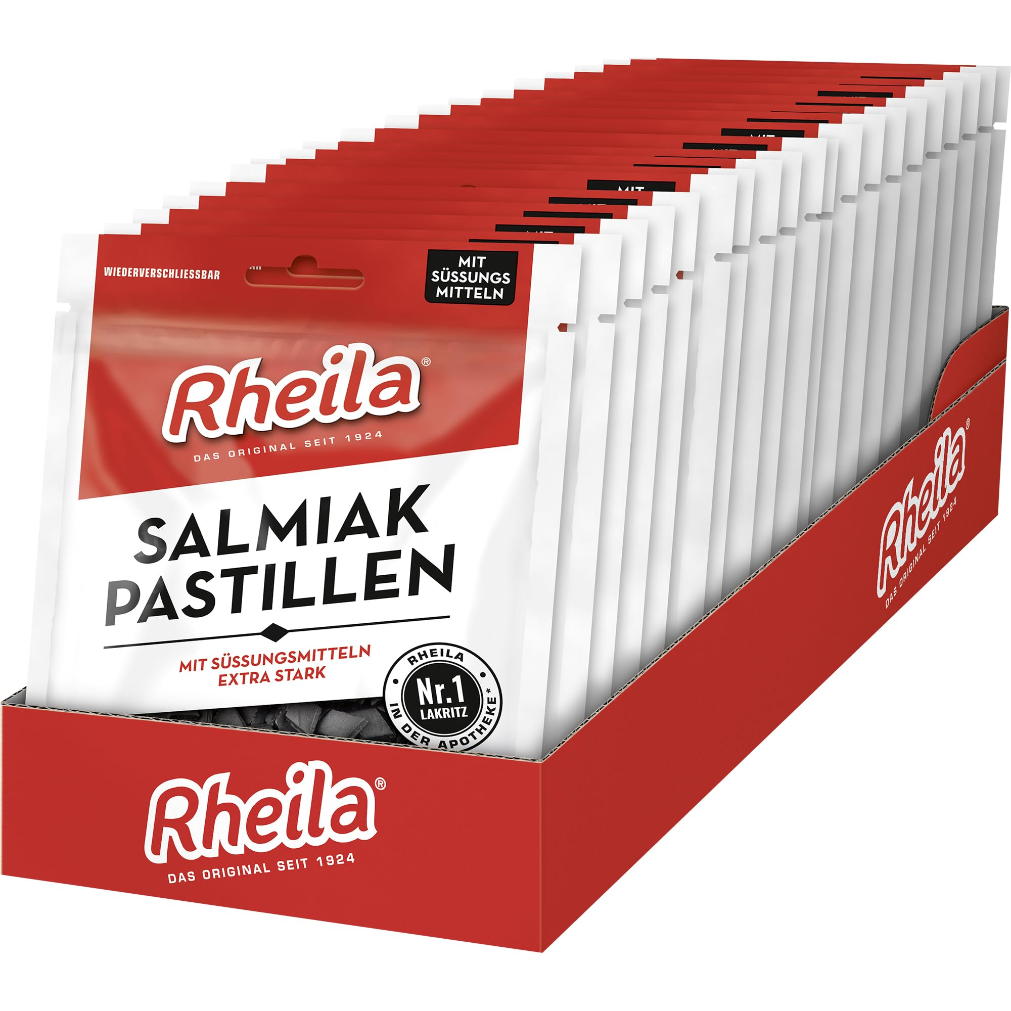 Rheila Salmiak Pastillen ohne Zuckerzusatz 1.800g – mit hohem Anteil an Lakritz – wohltuender, markanter Geschmack – extra stark & aromatisch mild im Geschmack (20x90 g)
