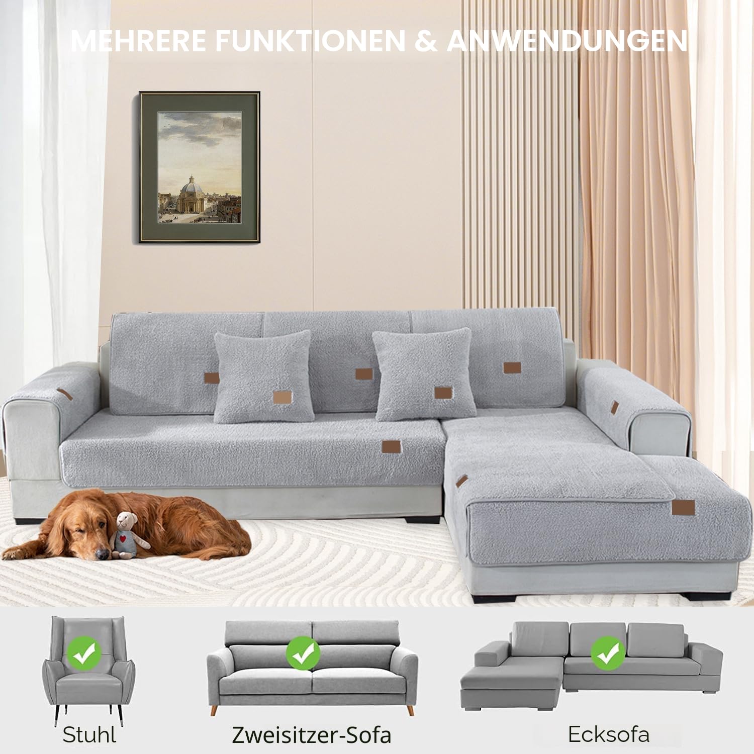 LINGKY Samt Sofabezug 1 2 3 4 Sitzer, L Form Sofaüberwurfe, Ecksofa Sofa überzug Pets Dog Couch überzug Anti-rutsch Sofaschutz, Ultra Weicher Sofaschoner (Grau,110x160cm/Rechteckig)