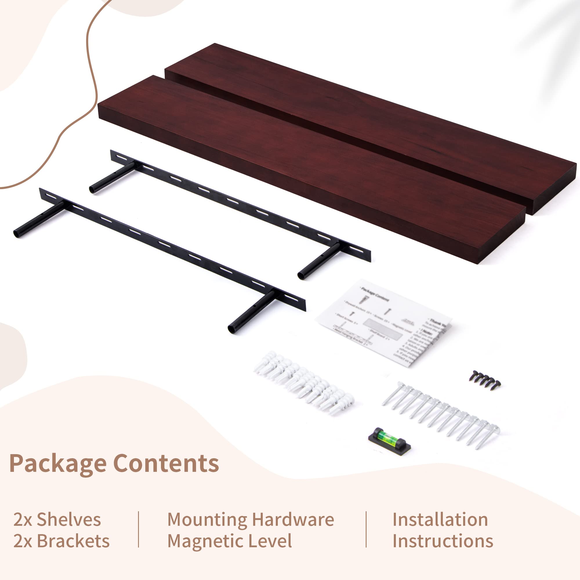 Fun Memories Floating Shelves 36 Inch Long, Solid Pine Wood Floating Shelf Set of 2, Farmhouse Rustic Shelves for Wall Storage & Home Decor, Mahogany, 36 x 6.7 x 1.4 inch