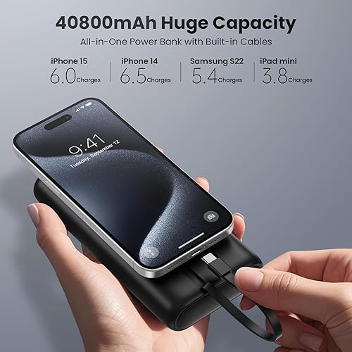Miniatura 2 de Cargador Portátil Mejorado 40800mAh Banco de Energía - Batería Portátil con 2 Cables Integrados, PD 25W USB C Paquete de Batería de Carga Rápida