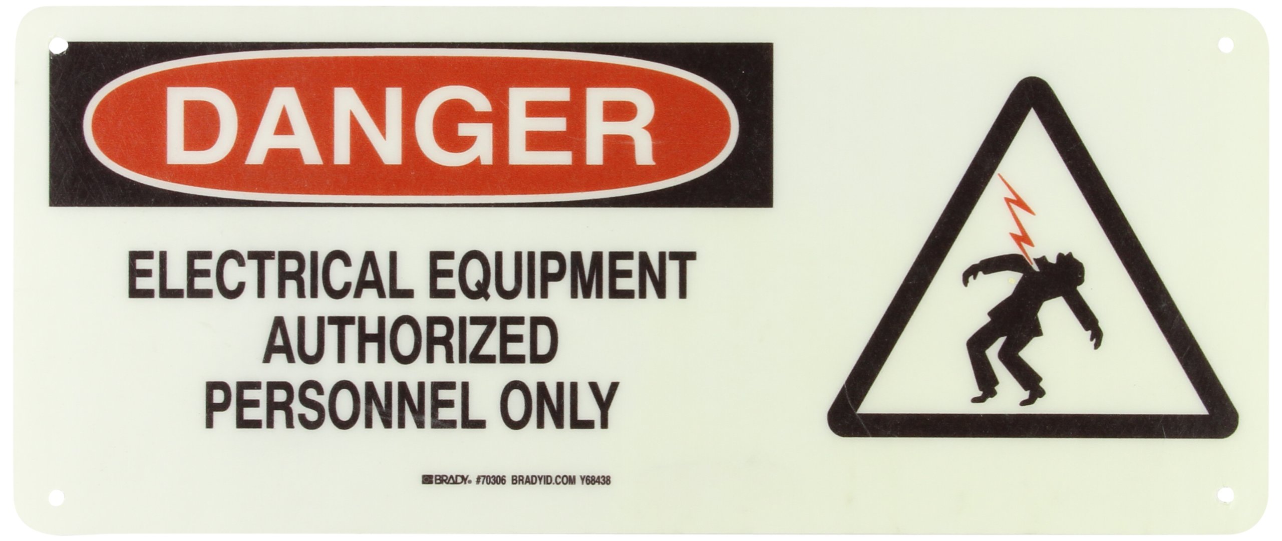 Brady 70306 - Señal de peligro eléctrico B-120 de fibra de vidrio de alta calidad, color negro y rojo sobre blanco, cabecera "Peligro", leyenda "Electrical Equipment Authorized Personnel Only" (con
