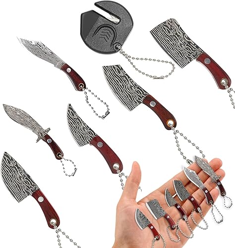 HAOXU Damasco - Juego de cuchillos de bolsillo mini de chef con funda cuchillo pequeño EDC cuchillo pequeño abridor de paquetes llavero cortador de