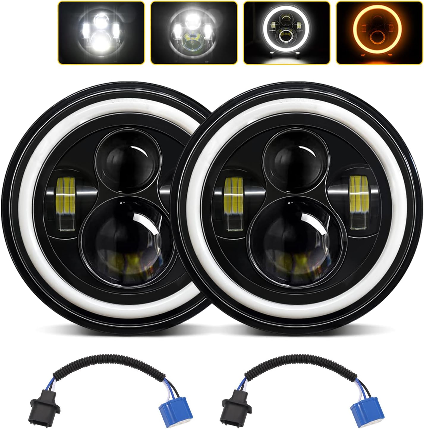 7inch Led Headlights Halo - Round Headlight with DRL High/Low Beam - LED Headlamp Offroad Light Angle Eyes Compatible with Jeep Wrangler JK (BLACK)
