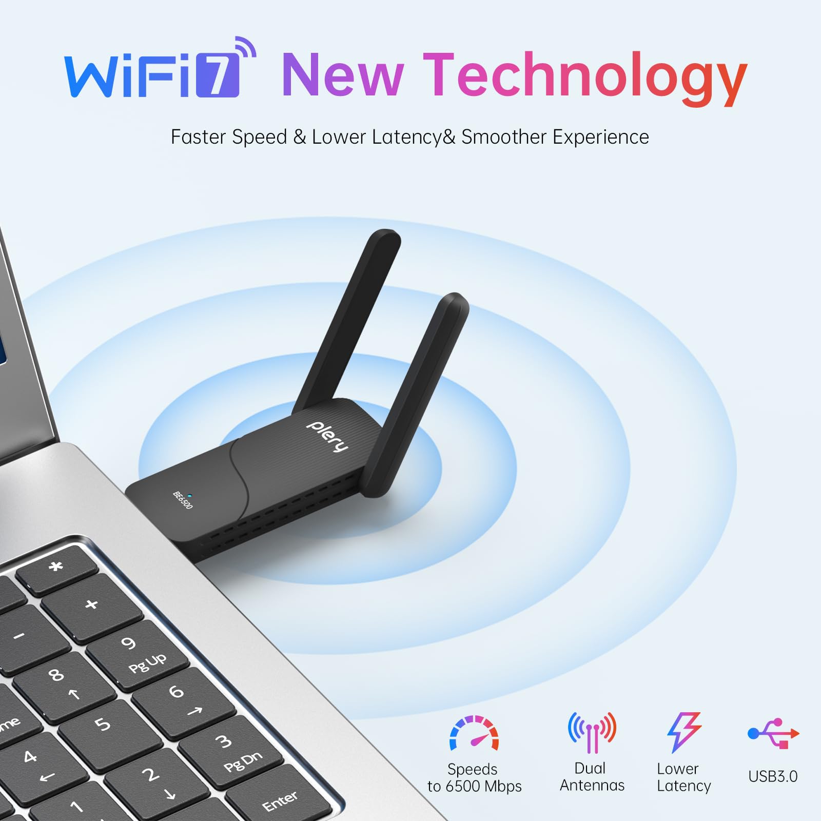BE6500 Adaptador USB WiFi 7, adaptador de red inalámbrico de triple banda 6 GHz/5 GHz/2.4 GHz para PC de escritorio, portátil, antena Wi-Fi de latencia ultrabaja para juegos de PC, para Windows