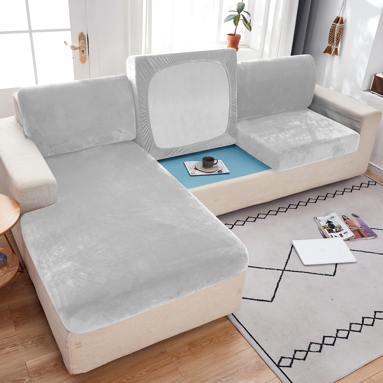 Sofa Seat Cushion Cover Stretch Velvet Sofa Slipcovers 1 2 3 4 Seater Corner L U Shaped Sofa Back Cushion Covers Replacement For Individual Cushion(Chaise Cover: L: 160-190cm- W: 90-110cm,Gray 2)