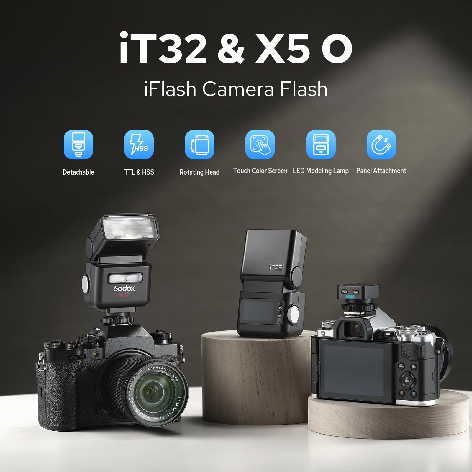 Godox iT32 mit X5-O Kamera Flash Kit für Olympus/Panasonic,abnehmbares Magnet Hotshoe/Trigger Design mit TTL HSS,2.4G Wireless,eingebaute Batterie,Touchscreen, mit Diffusor,Filter,Aufbewahrungstasche