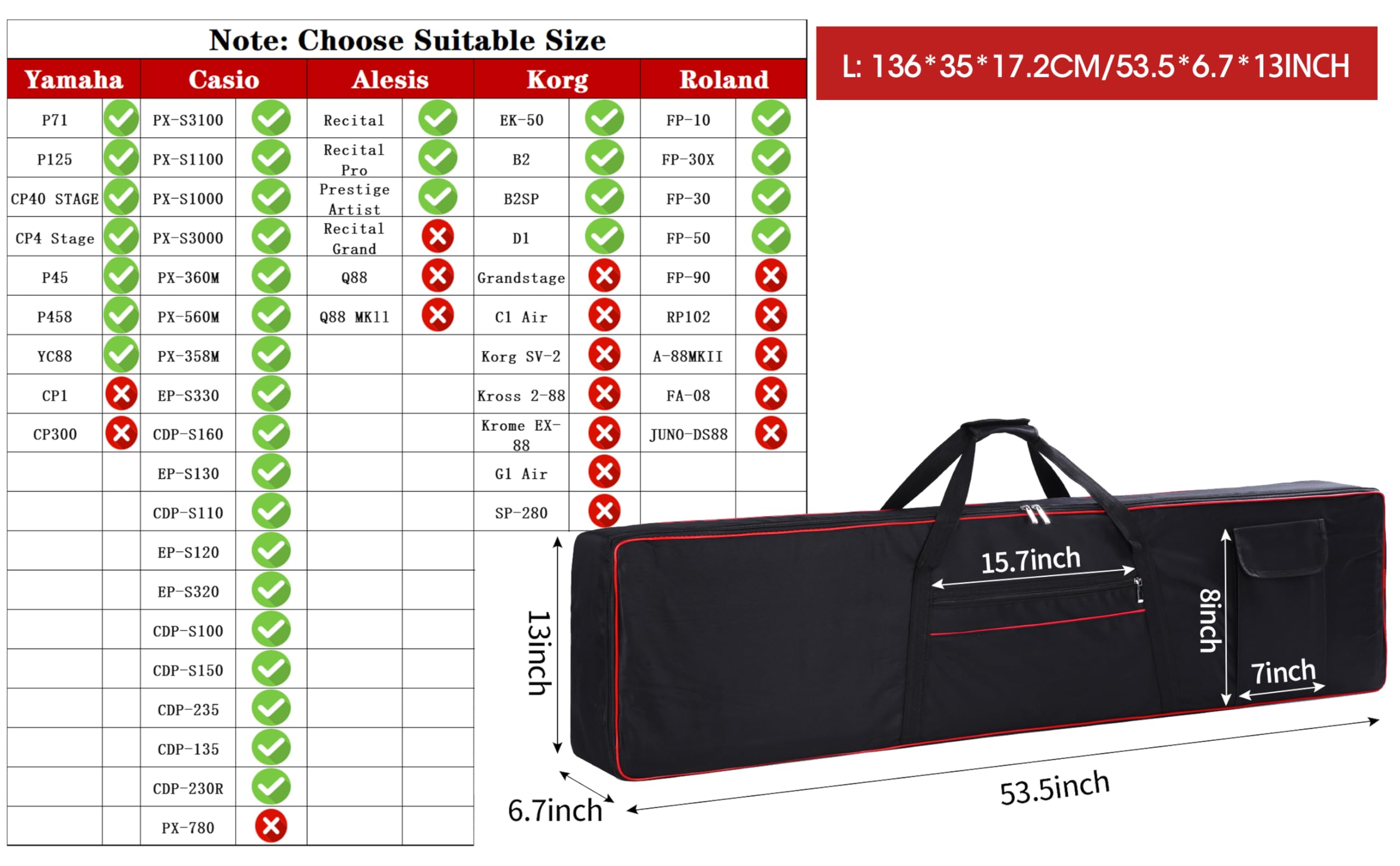 Monkeysell Custodia per tastiera a 88 tasti, custodia per tastiera con 2 tasche, interno in tessuto Oxford 600D, copertura completa per proteggere pianoforte digitale, 88 tasti, 135,9 x 33 x 17,7 cm