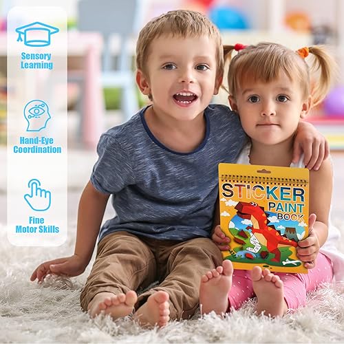 Miniatura 6 de Manualidades para niños de 4 a 8 años, 6 a 8 años, libros de números de pintura de dinosaurios y vehículos, libro de calcomanías para niños y niñas,