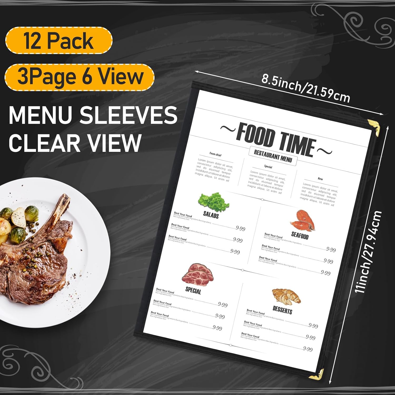 12 Pcs Restaurant Menu Covers 8.5 x 11 Inch Book Style 3 Page 6 View PVC Transparent Restaurant Menu Holder Book for Cafe Bar Hotel, Black