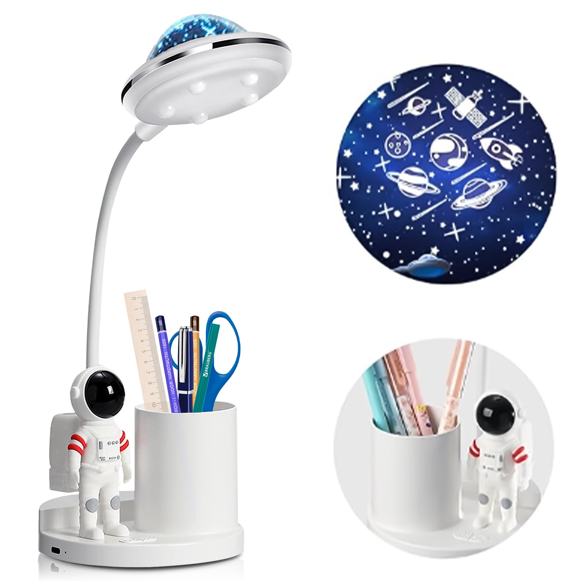 Astronaut Desk Lamp for Kids,Star Space Projector Space Rocket Lamps,Astronauta Lights with Pen Holder,Step-Less Dimming Lighting,Eye-Care Reading Small Desk Lamps for Bedroom,Gifts for Boys and Girls